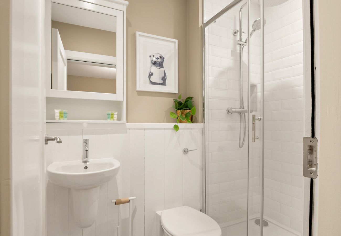 Main Street Hideaway Clifden. Bright white bathroom with  large shower.