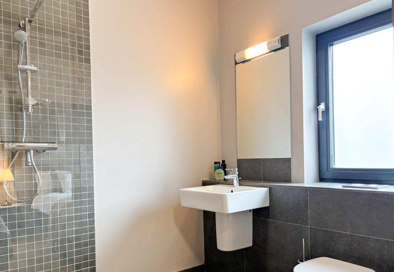 Kylemore Gate Lodge. Modern bathroom with modern tiling